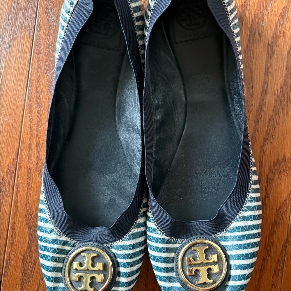 Tory Burch Navy and White Striped Flats